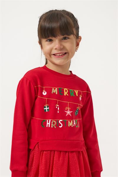 Kız Çocuk Pamuklu Kırmızı Yeni Yıl Temalı Tüllü Elbise - Merry Christmas Baskılı