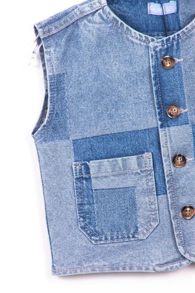 Unisex Çocuk Pamuklu Mavi Patchwork Kot Yelek - Cepli Düğmeli Model