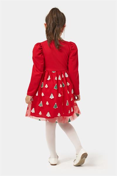Kız Çocuk Pamuklu Kırmızı Noel Ağacı Desenli Tüllü Elbise - Balon Kollu Yılbaşı Elbisesi