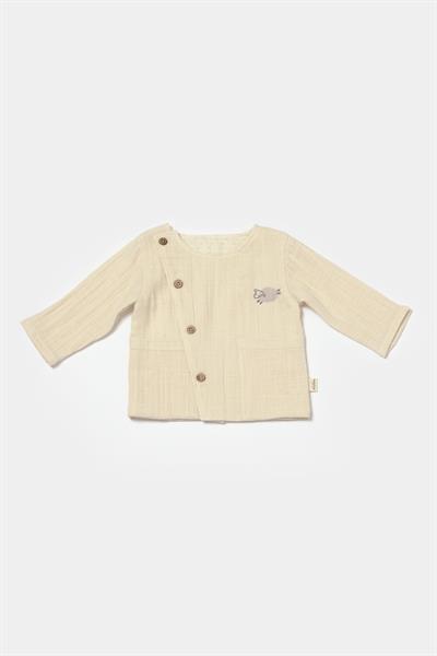 Unisex Bebek Pamuklu Bej Kuzu Nakışlı Düğmeli Müslin Takım - Organik Kumaşlı