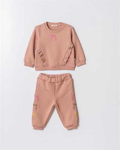 Kız Çocuk Pamuklu Pudra Dantel ve Fiyonk Detaylı Eşofman Takımı - Yumuşak Kumaşlı İki Parça Set