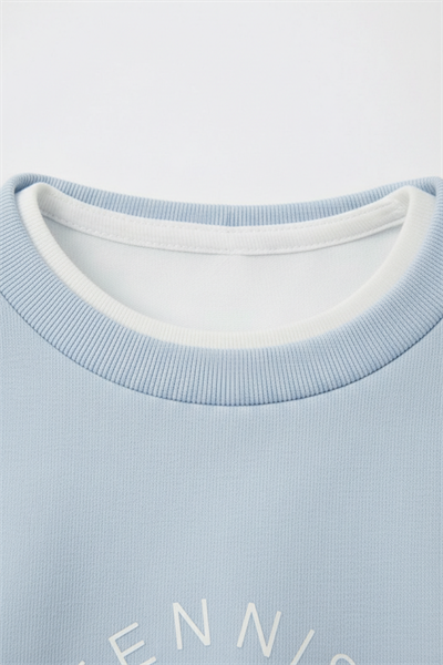 Kız Çocuk Pamuklu Mavi Baskılı T-Shirt ve Şort Takım - Kontrast Şerit Detaylı