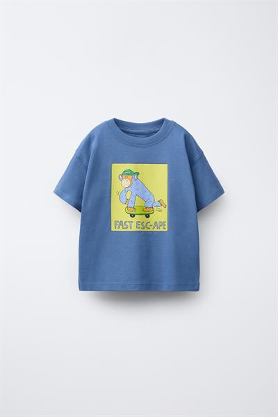 Erkek Çocuk Pamuklu Mavi Maymun Baskılı T-Shirt ve Çizgili Eşofman Takım