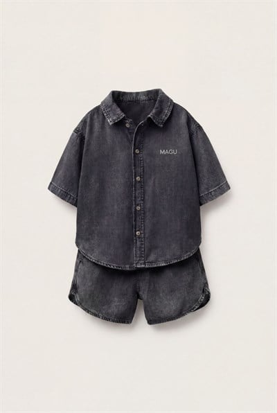 Çocuk Pamuklu Füme Yıkamalı Denim Oversize Gömlek Şort Takım