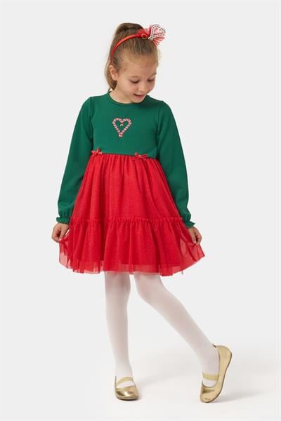 Kız Çocuk Pamuklu Yeşil Kalpli Uzun Kollu Tüllü Kırmızı Etekli Elbise - Yılbaşı Konseptli