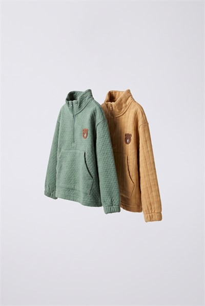 Çocuk Pamuklu 2li Fermuarlı Ayıcık Nakışlı Sweatshirt Seti