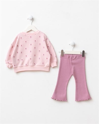 Kız Çocuk Kalp Detaylı Pembe Sweatshirt ve İspanyol Paça Tayt Takımı