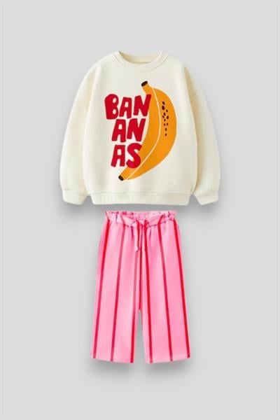 Kız Çocuk Pamuklu Ekru Muz Baskılı Sweatshirt ve Pembe Çizgili Pantolon Takım