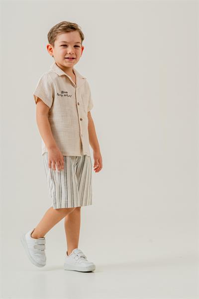 Erkek Çocuk Pamuklu Müslin Kumaş Gömlek ve Çizgili Şort İkili Takım 
