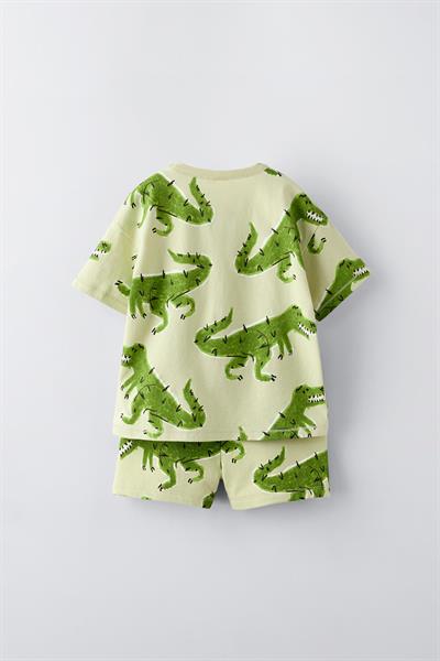 Erkek Çocuk Pamuklu Açık Yeşil Dinozor Desenli Yazlık Şortlu T-shirt Takım