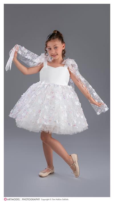 Kız Çocuk Beyaz Çiçek  Tüllü Abiye Omuz Bağlamalı Model Elbise 