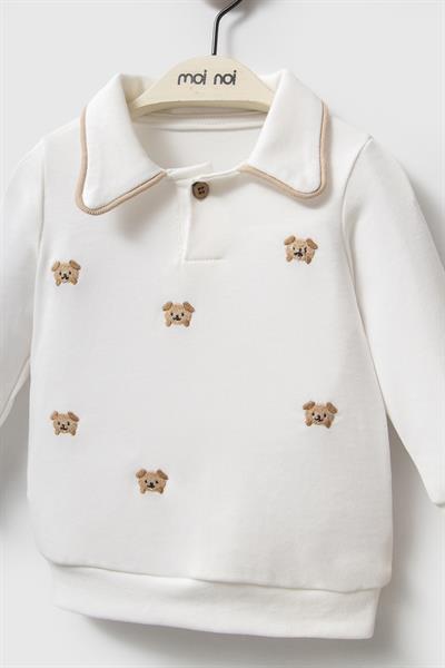 Unisex Çocuk Pamuklu Ekru Ayıcık Nakışlı Sweatshirt ve Eşofman Takım – Hediye Kutulu