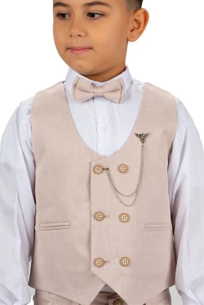 Erkek Çocuk Keten Görünümlü Taş Renkli Yelekli Pantolon Takım - Papyon ve Zincir Aksesuarlı