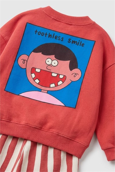 Çocuk Pamuklu Karakter Baskılı Kırmızı Sweatshirt ve Çizgili Eşofman Takımı