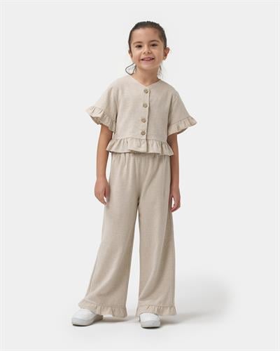 Kız Çocuk Keten Bej Fırfır Detaylı Düğmeli Bol Paça Pantolonlu İkili Takım