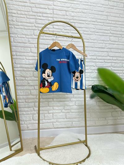Erkek Bebek Mickey Mouse Baskılı Mavi Tişört ve Çizgili Şort Takım