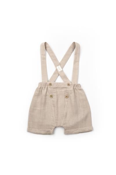 Erkek Bebek Müslin Bej Askılı Şortlu Takım - Ayıcık Baskılı Tişört ve Şapkalı %100 Pamuk 3lü Set