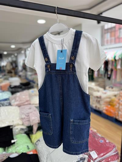 Kız Çocuk Oversize Tişört ve Denim Salopet Şort Takım