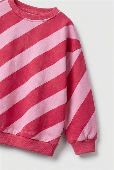 Kız Çocuk Pamuklu Çilek Nakışlı Pembe Çizgili Sweatshirt ve Tayt Takımı