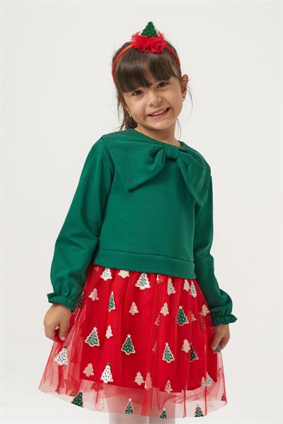 Kız Çocuk Pamuklu Yeşil Fiyonklu Uzun Kollu Kırmızı Ağaç Desenli Tüllü Elbise - Yılbaşı Konseptli