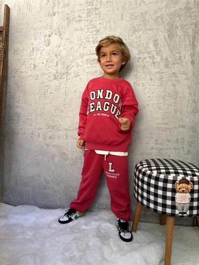 Erkek Çocuk Pamuklu Kırmızı London League Sweatshirt ve Eşofman Alt Takım - Nakış Detaylı