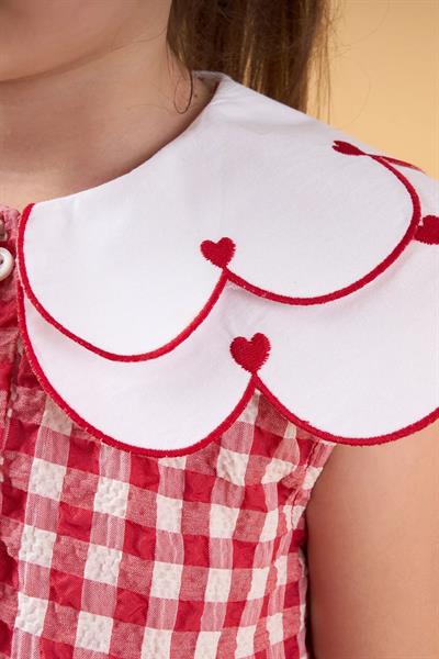 Kız Çocuk Kırmızı Ekose Düğmeli Kalpli Yaka Detaylı Elbise