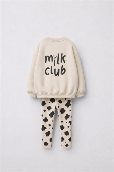 Kız Çocuk Pamuklu Milk Club Baskılı Ekru Sweatshirt ve Desenli Tayt Takımı