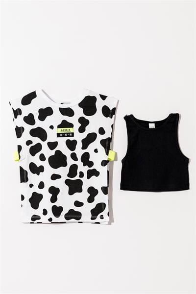 Kız Çocuk Pamuklu Siyah Beyaz Desenli Oversize T-shirt ve Siyah Ribana Atlet İkili Takım