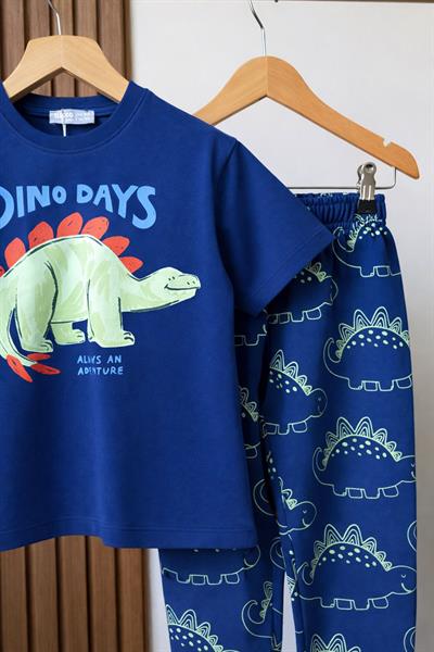 Erkek Çocuk Pamuklu Lacivert Dinozor Baskılı T-Shirt ve Eşofman Altı 2li Takım