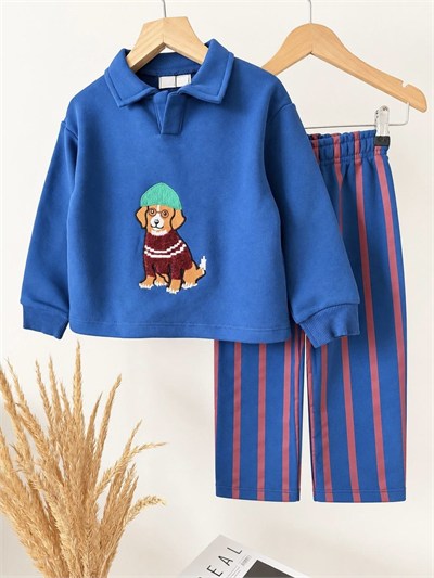 Erkek Çocuk Pamuklu Köpek Nakışlı Lacivert Polo Yaka Sweatshirt ve Çizgili Eşofman Takımı