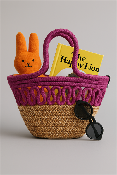 Çocuk Hasır Plaj Çantası Örgü Detaylı