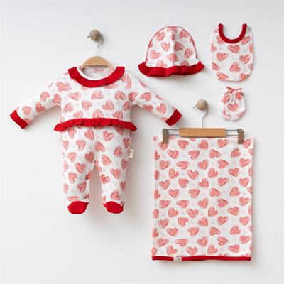 Kız Bebek Pamuklu Kalp Desenli 5 Parça Set