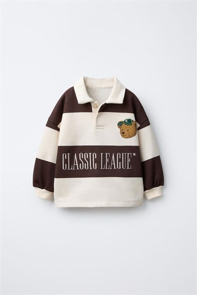 Çocuk Pamuklu Ayıcık Kahverengi Çizgili Polo Yaka Sweatshirt