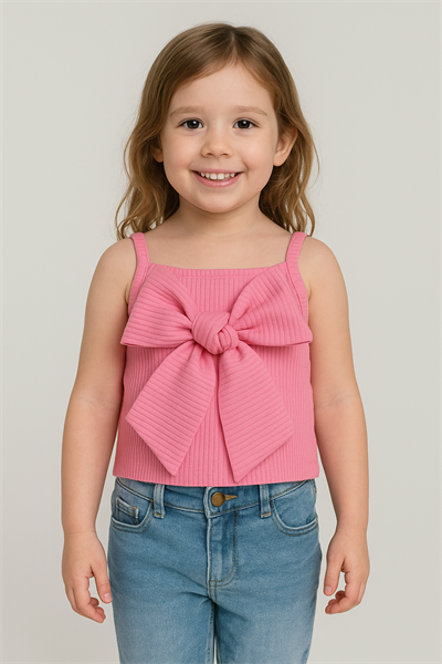 Kız Çocuk Pamuklu Pembe Fiyonk Detaylı Askılı Atlet - Yazlık Günlük Stil