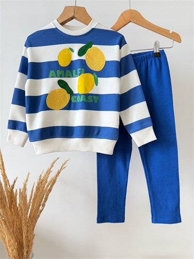 Çocuk Pamuklu Limon Mavi Çizgili Sweatshirt ve Tayt Takımı
