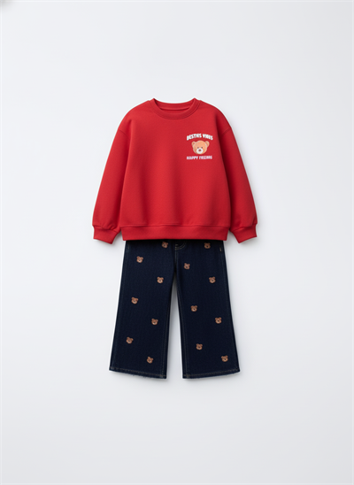 Kız Çocuk Pamuklu Kırmızı Ayı Baskılı Sweatshirt ve Nakışlı Kot Pantolon Takım – Rahat Günlük Stil
