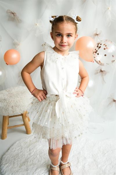 Kız Çocuk Pamuklu Ekru Fırfır Yaka Tül Yıldız Desenli Etekli Takım