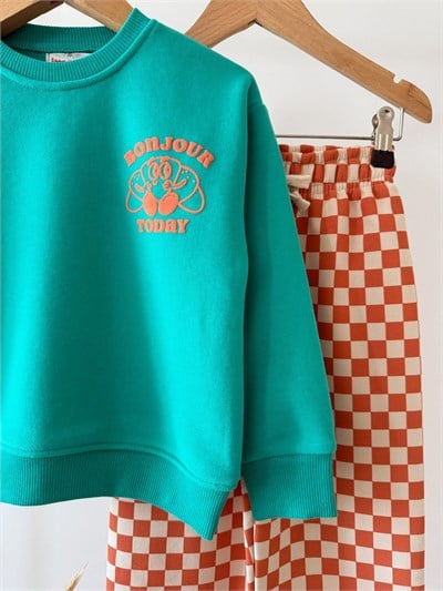 Çocuk Bonjour Baskılı Turkuaz Sweatshirt ve Turuncu Dama Eşofman Takımı