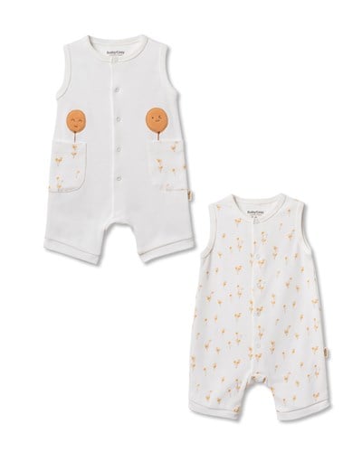 Unisex Bebek Pamuklu Ekru 2li Kolsuz Tulum Seti - Desenli ve Cepli