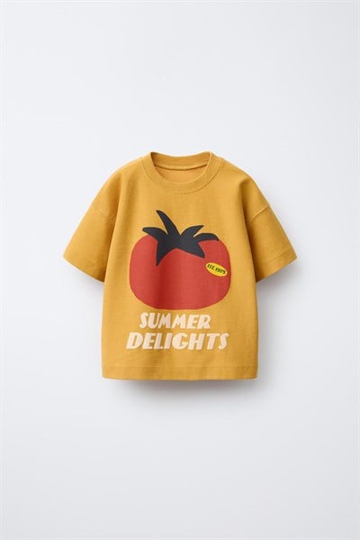 Unisex Çocuk Pamuklu Hardal Domates Baskılı T-Shirt Takım