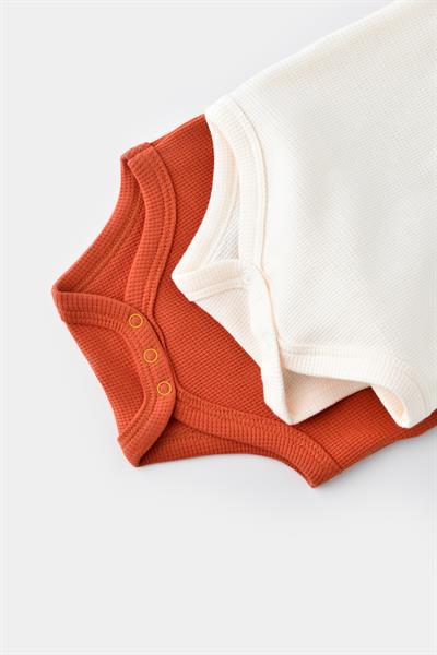 Unisex Bebek Pamuklu Kolsuz Kiremit & Krem Body Seti