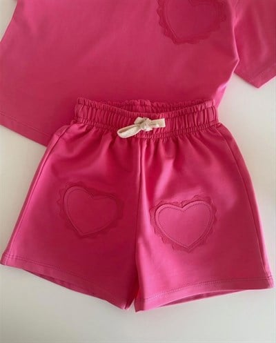 Kız Çocuk Pamuklu Pembe Kalp Cepli T-shirt Şort Takım