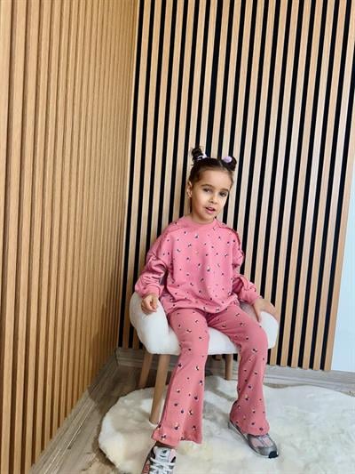 Kız Çocuk Pamuklu Gül Kurusu Mini Çiçek Desenli Sweatshirt & Flare Eşofman Takım