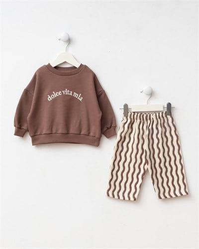 Çocuk Pamuklu Kahverengi Yazı Detaylı Sweatshirt ve Çizgili Eşofman Takımı
