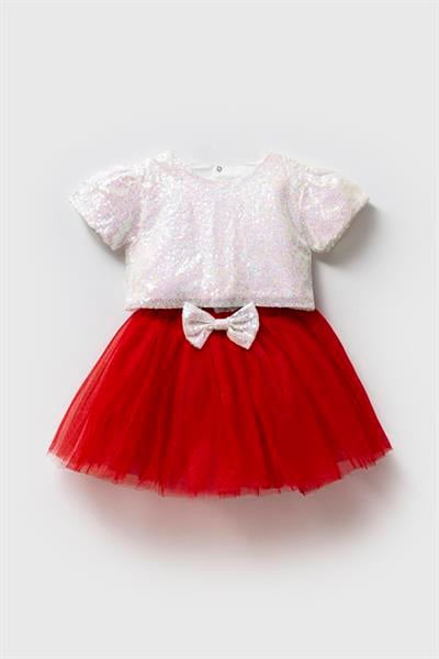 Kız Çocuk Kırmızı Tüllü Payetli Takım - Parlak Beyaz Bluzlu Özel Gün Kombini