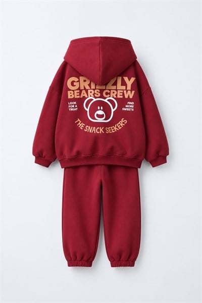 Çocuk  Ayıcık Baskılı Bordo Kapüşonlu Sweatshirt ve Eşofman Altı Takımı