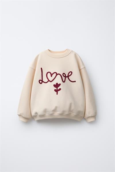 Kız Çocuk Pamuklu Krem Kalp-Çiçek Desenli Sweatshirt & Tayt Takım