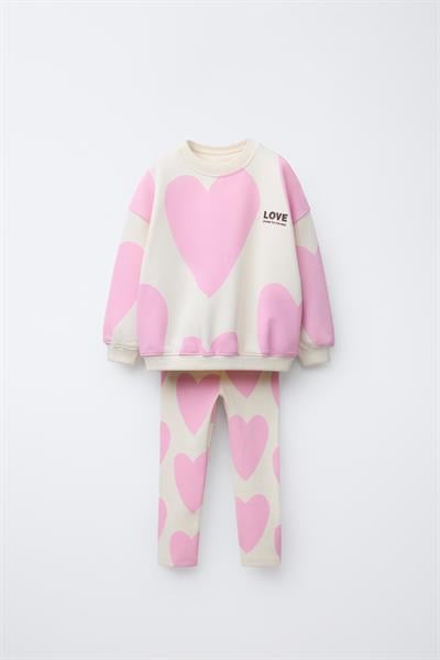 Kız Çocuk Pamuklu Ekru Pembe Kalp Desenli Sweatshirt ve Tayt Takım - Love