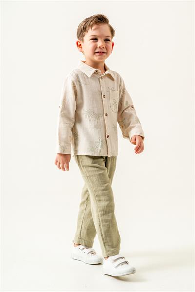 Erkek Çocuk Ekru Palmiye Desenli Gömlek ve Haki Keten Pantolon Takımı