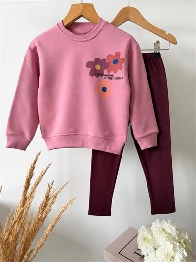 Kız Çocuk Pamuklu Çiçek Baskılı Pembe Sweatshirt ve Tayt Takımı